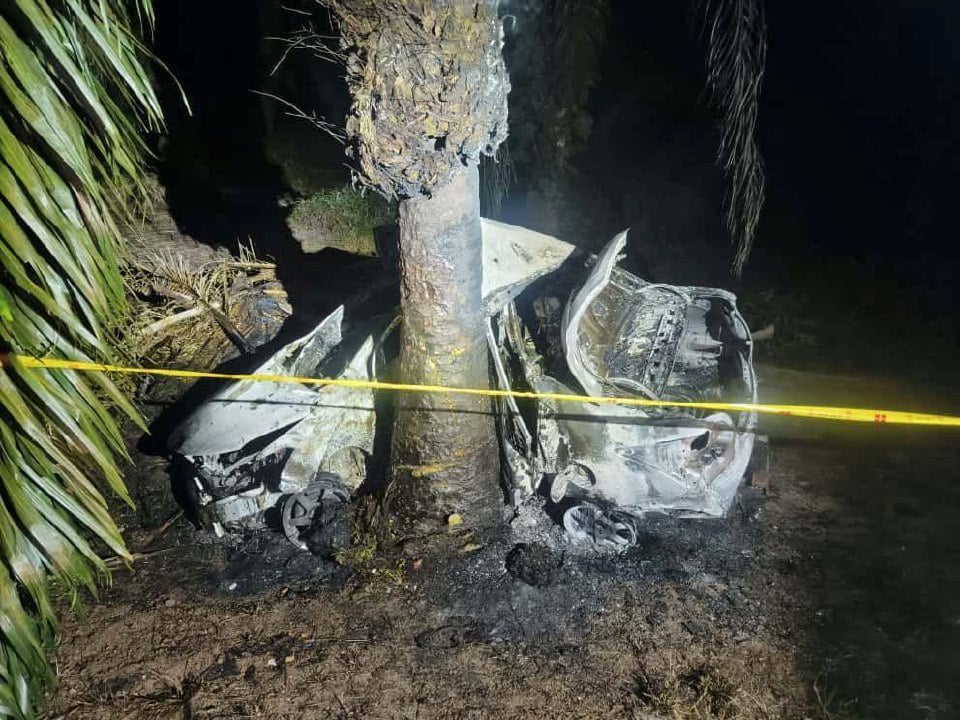 Dua rentung Toyota Vios terbakar selepas rempuh pokok sawit